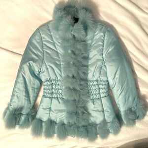 MISS BLUMARINE Real Hair/Fur Trim Puffer Jacket Coat Girls 8 Blue Aqua Y2K